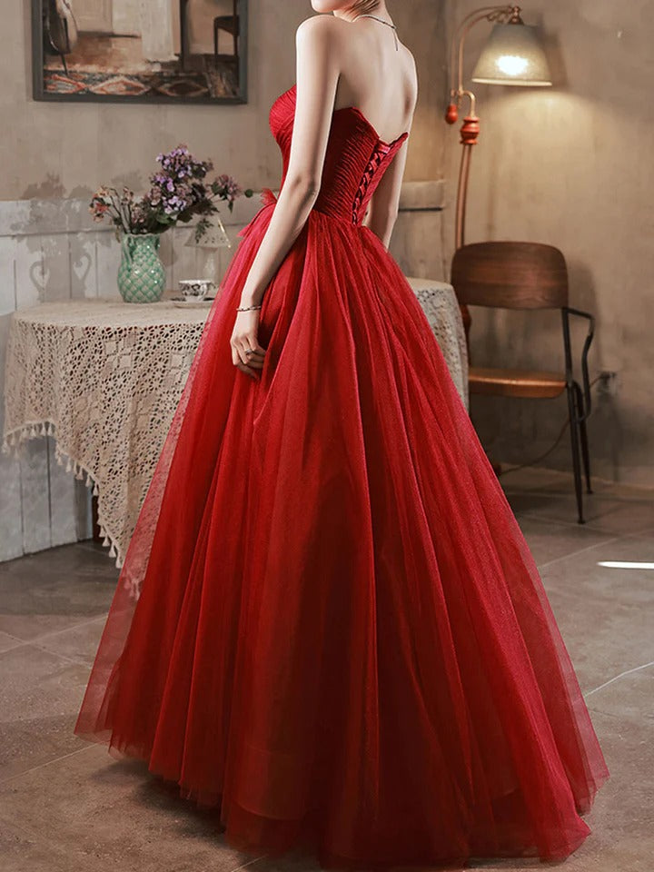 A line burgundy long prom dress off shoulder tulle long party dress,BD22251