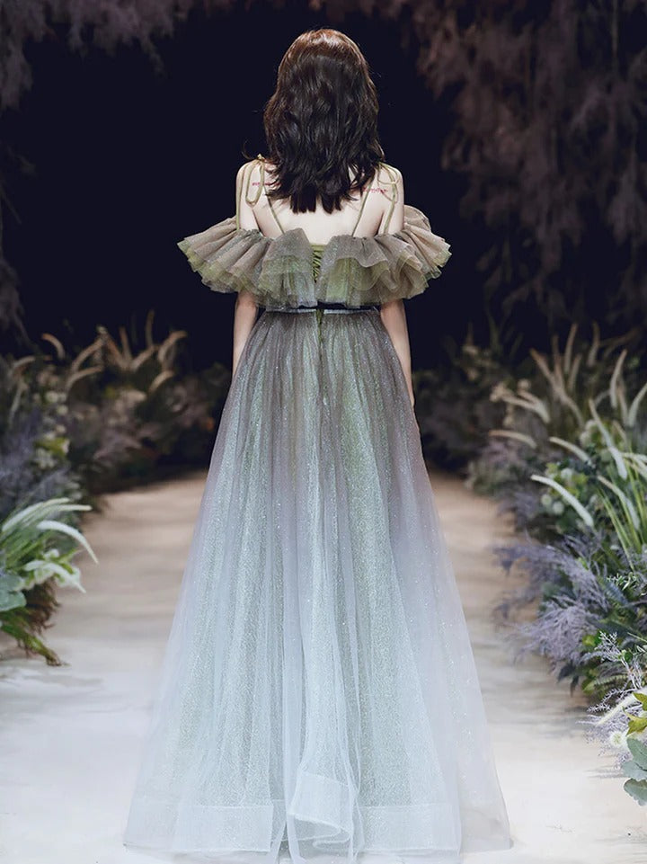 Unique tulle sequin green long prom dress, green tulle formal dress,BD22264
