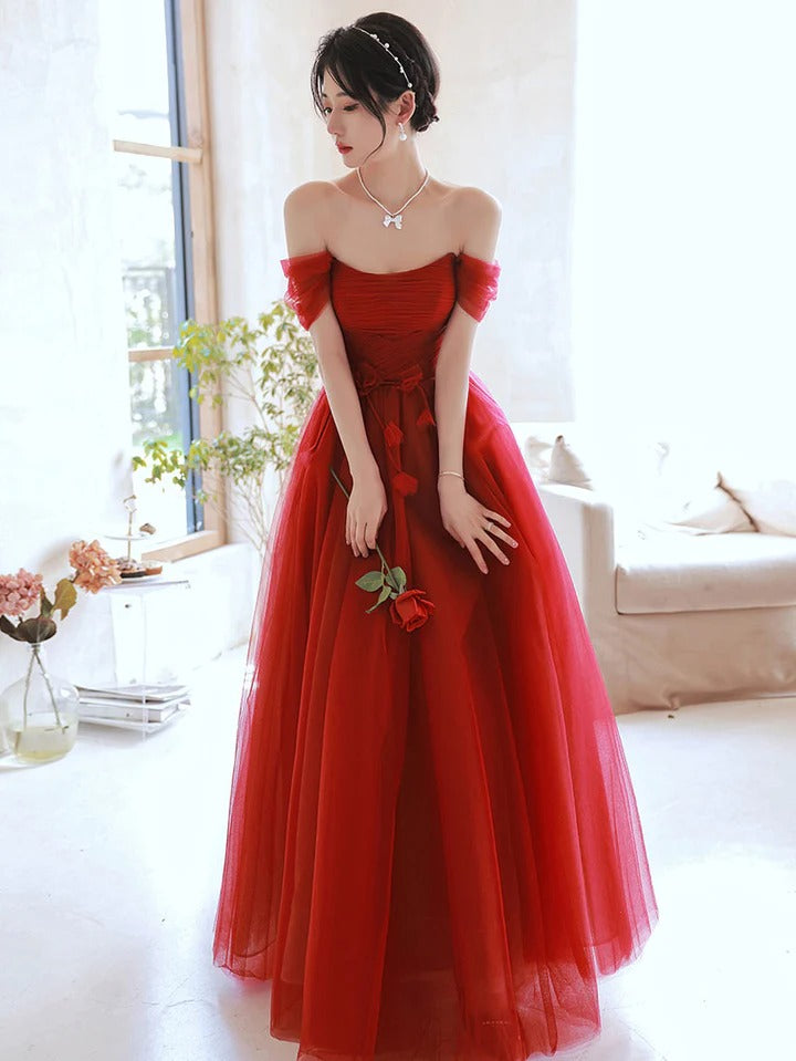 A line burgundy long prom dress off shoulder tulle long party dress,BD22251
