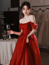 Load image into Gallery viewer, A line burgundy long prom dress off shoulder tulle long party dress,BD22251