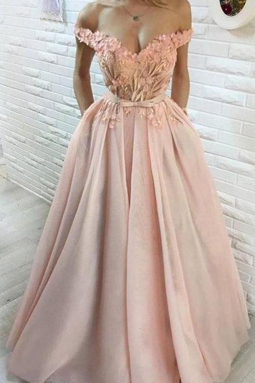A Line Hand-Made Flower Long Off the Shoulder Sweetheart Prom Dresses with Pockets,BD22017