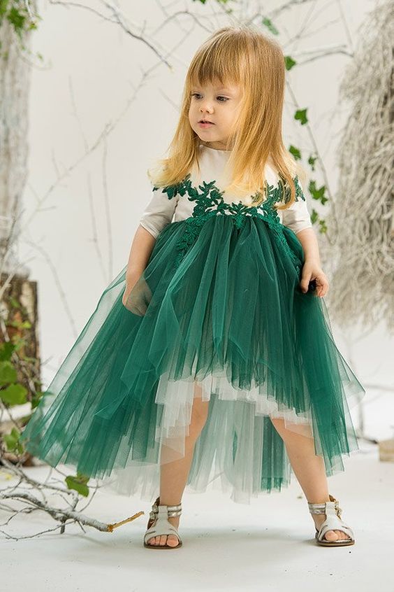 Green Flower Girl Dresses, Long Sleeves Little Girl Dress, Party Dress For Girls, FD021