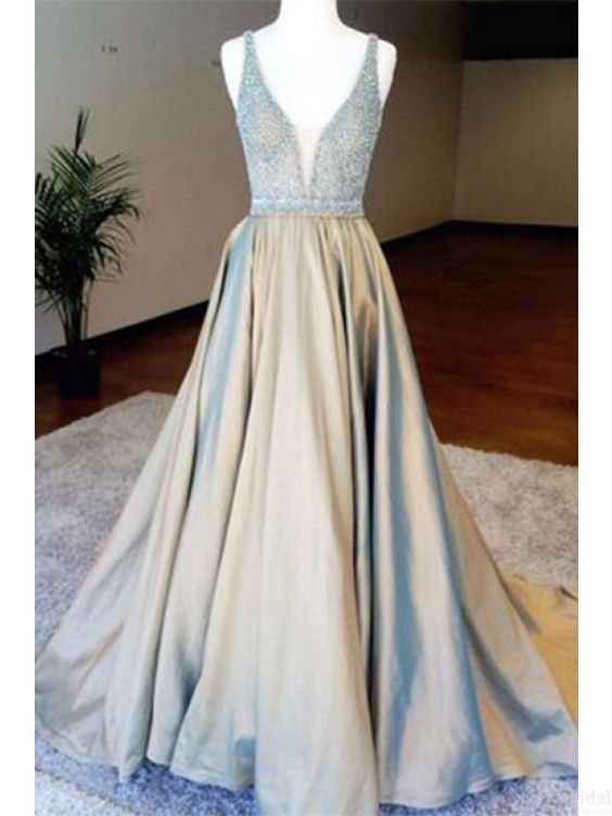 A line Deep V-neck Beading Bodice Long Prom Dresses Evening Dresses,PD4558921