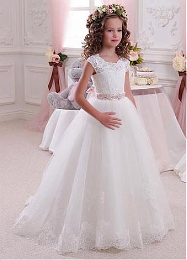 Cap Sleeves Long Ivory Lace Flower Girl Dresses For Wedding, Cheap Little Girl Dress, FD012