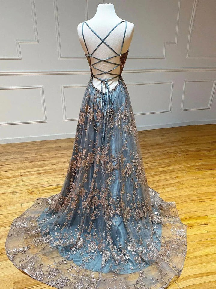 Unique v neck tulle sequin long prom dress, tulle sequin evening dress,BD22268