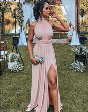 Load image into Gallery viewer, A Line Halter Backless Slit Blush Elastic Satin Long Prom Dresses,Formal Party Dresses,BH91060