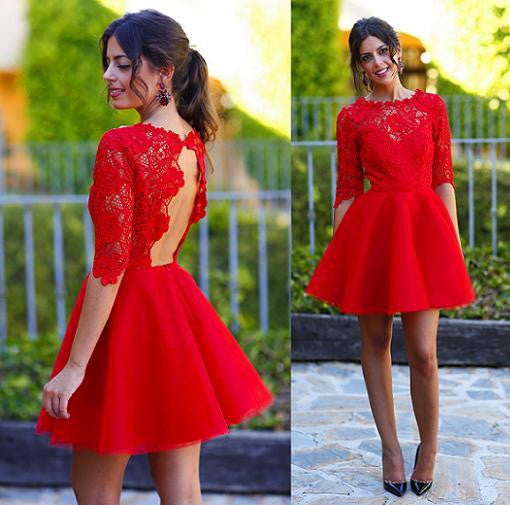 red Homecoming dress,Short prom Dress,lace Prom Dresses, pretty prom dress,backless prom dress,BD912