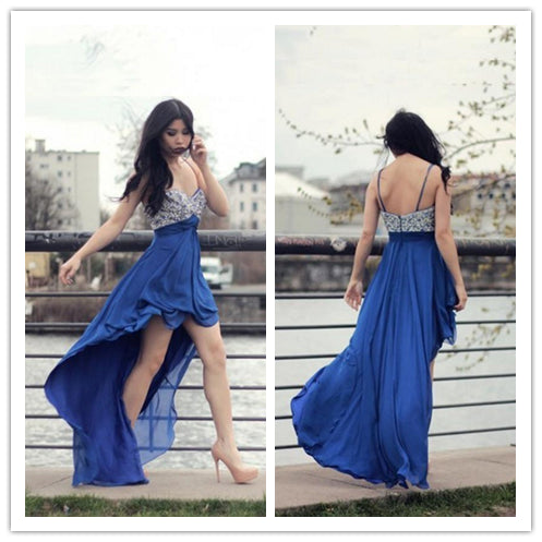 blue prom Dress,hi-lo Prom Dress,beading prom dress,Spaghetti Straps prom dress,party dress,BD1411