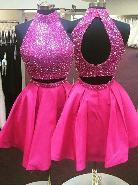 short prom dress,hot pink prom dress,beaded prom dress,two pieces prom dress,junior party dress,homecoming dress,BD2627