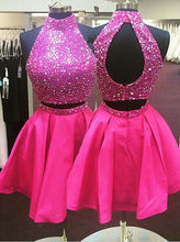 Load image into Gallery viewer, short prom dress,hot pink prom dress,beaded prom dress,two pieces prom dress,junior party dress,homecoming dress,BD2627