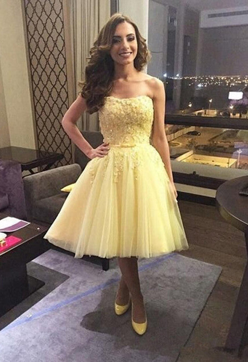 Yellow prom dress,short Homecoming Dresses,tulle Prom Dresses,Short Formal Party Gown,strapless party dress,BD903