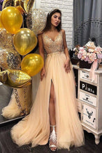 Load image into Gallery viewer, A Line Beaded Champagne Tulle V Neck Long Prom Dresses BD22087