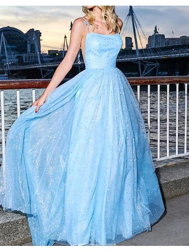 A Line Blue Tulle Halter Long Prom Dresses BD22086