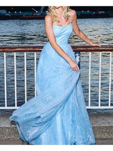Load image into Gallery viewer, A Line Blue Tulle Halter Long Prom Dresses BD22086