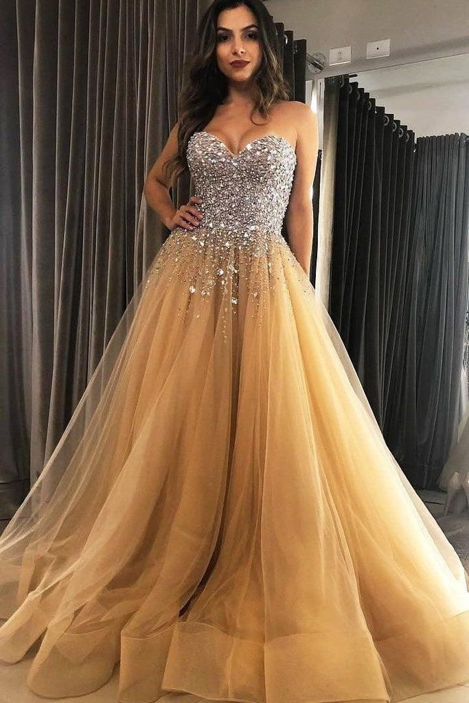 A Line Beaded Sweetheart Tulle Champagne Long Prom Dresses,BD22124