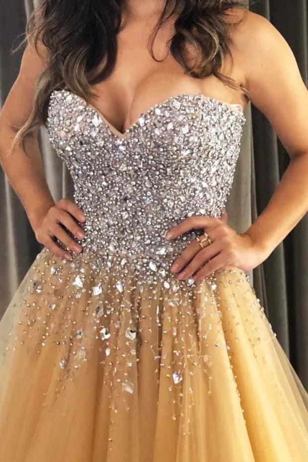A Line Beaded Sweetheart Tulle Champagne Long Prom Dresses,BD22124